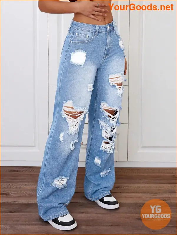 YOURGOODS Trendy Stone Wash Wide Leg Distressed Jeans - YourGoods Online Shop