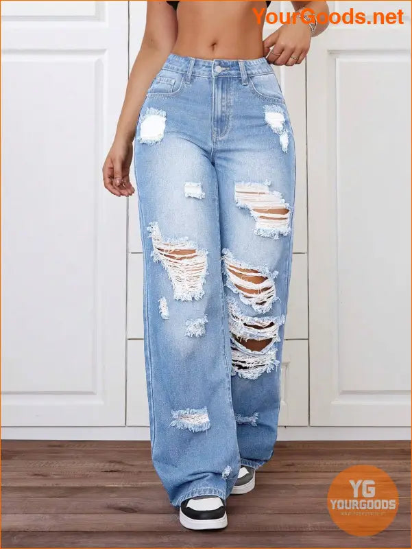 YOURGOODS Trendy Stone Wash Wide Leg Distressed Jeans - YourGoods Online Shop