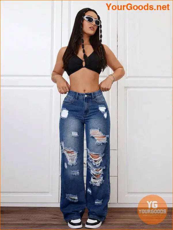 YOURGOODS Trendy Stone Wash Wide Leg Distressed Jeans - YourGoods Online Shop