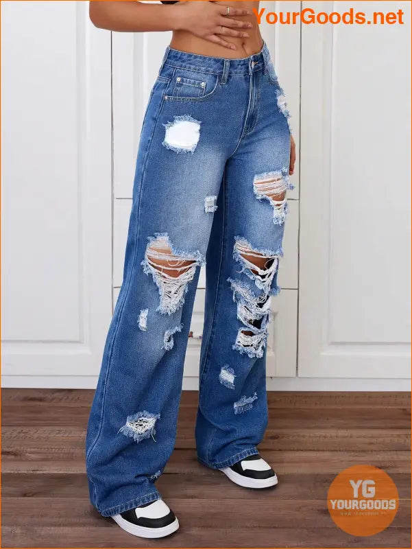 YOURGOODS Trendy Stone Wash Wide Leg Distressed Jeans - YourGoods Online Shop