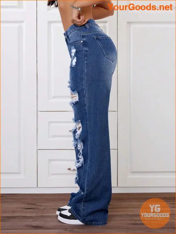 YOURGOODS Trendy Stone Wash Wide Leg Distressed Jeans - YourGoods Online Shop