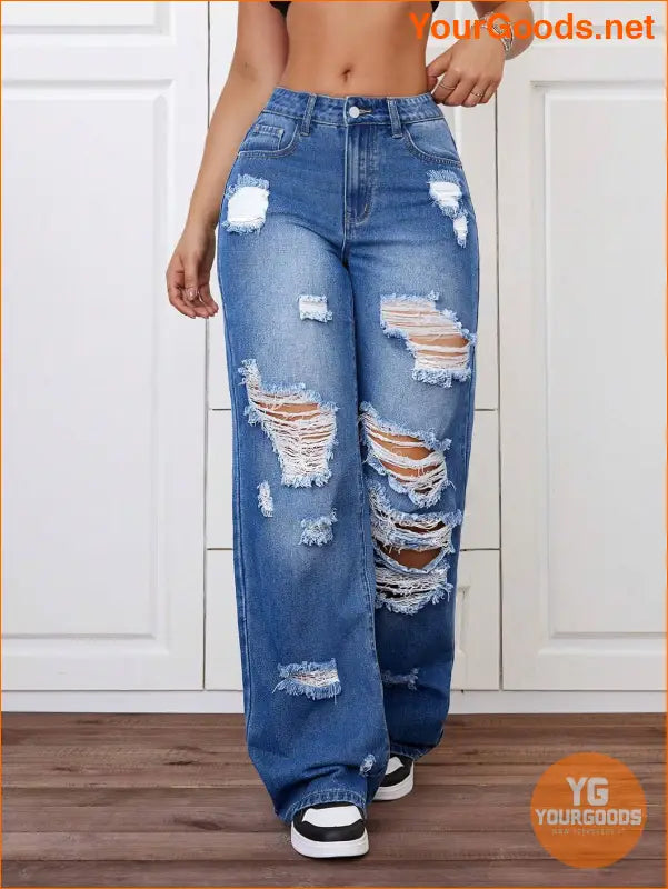 YOURGOODS Trendy Stone Wash Wide Leg Distressed Jeans - YourGoods Online Shop