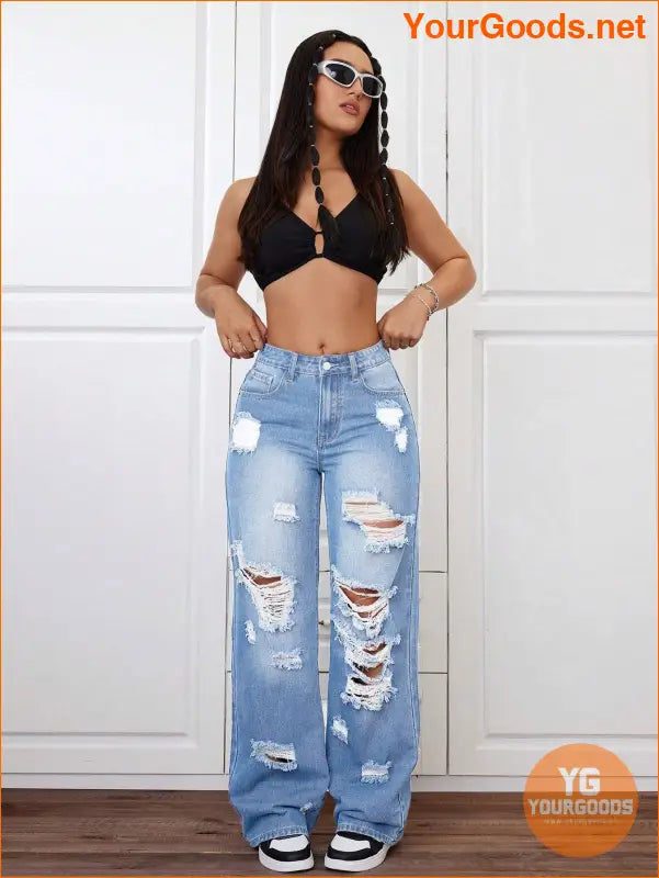 YOURGOODS Trendy Stone Wash Wide Leg Distressed Jeans - YourGoods Online Shop