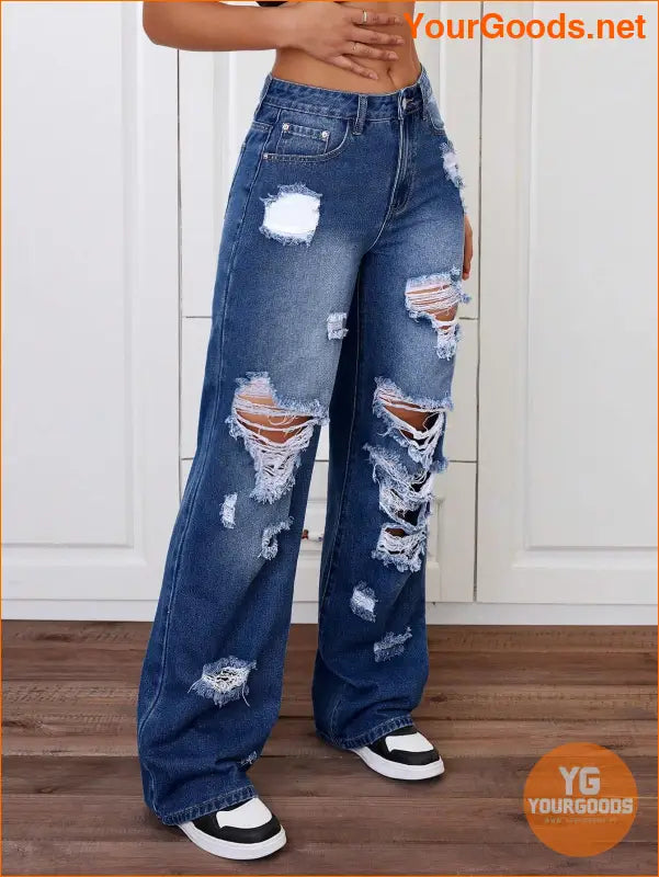 YOURGOODS Trendy Stone Wash Wide Leg Distressed Jeans - YourGoods Online Shop