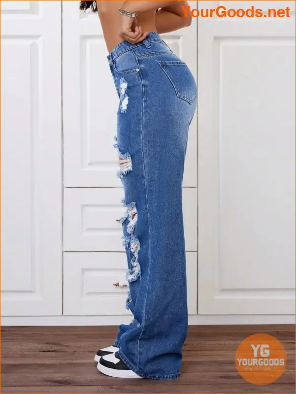 YOURGOODS Trendy Stone Wash Wide Leg Distressed Jeans - YourGoods Online Shop