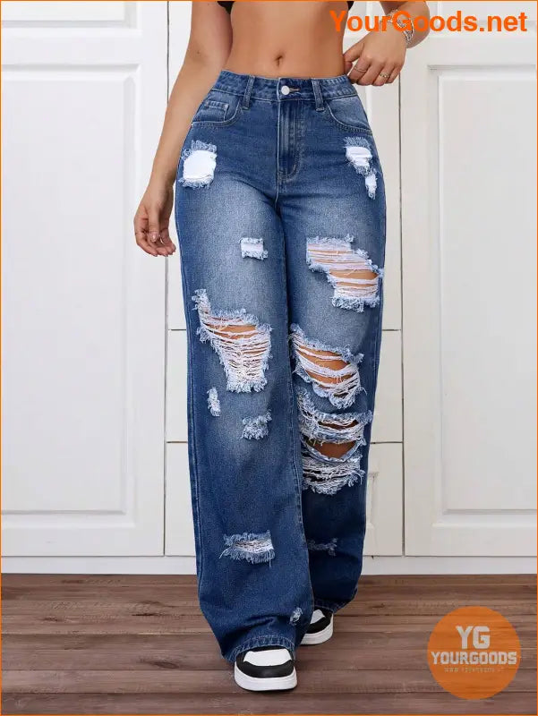 YOURGOODS Trendy Stone Wash Wide Leg Distressed Jeans - YourGoods Online Shop