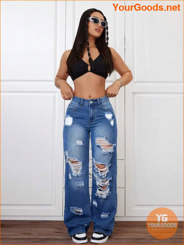 YOURGOODS Trendy Stone Wash Wide Leg Distressed Jeans - YourGoods Online Shop