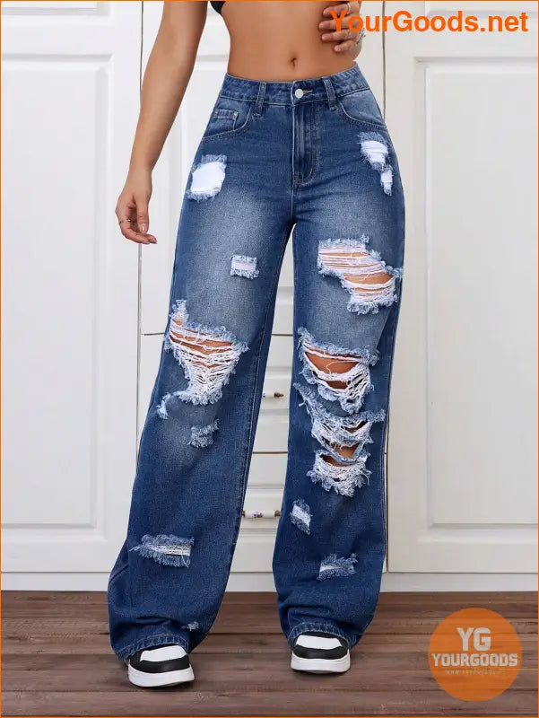 YOURGOODS Trendy Stone Wash Wide Leg Distressed Jeans - YourGoods Online Shop