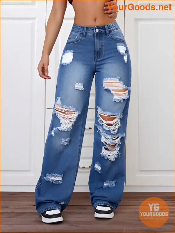 YOURGOODS Trendy Stone Wash Wide Leg Distressed Jeans - YourGoods Online Shop