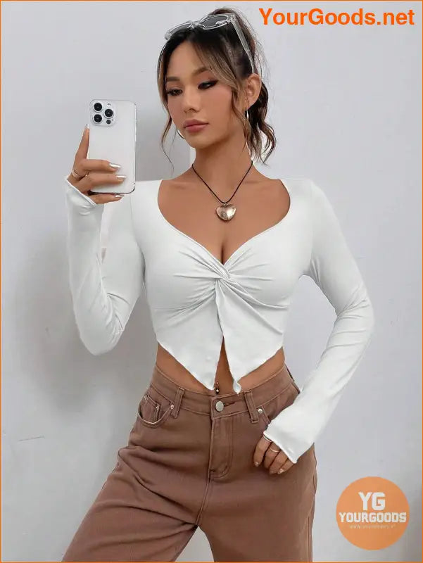 YOURGOODS Twist Front Asymmetrical Khaki Crop Tee - YourGoods Online Shop