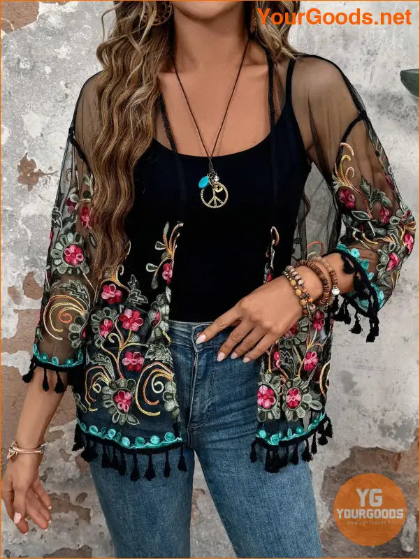 YOURGOODS Women Floral Embroidery Tassel Hem Shirt For Summer - YourGoods Online Shop