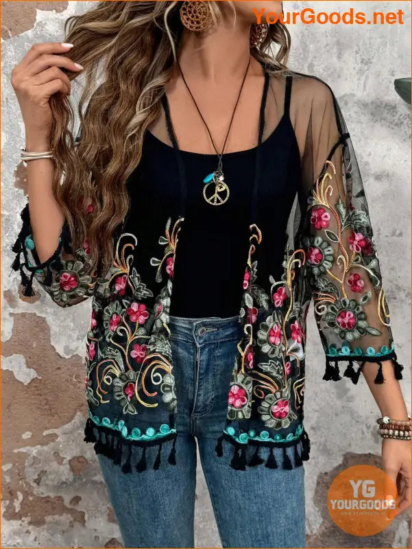 YOURGOODS Women Floral Embroidery Tassel Hem Shirt For Summer - YourGoods Online Shop