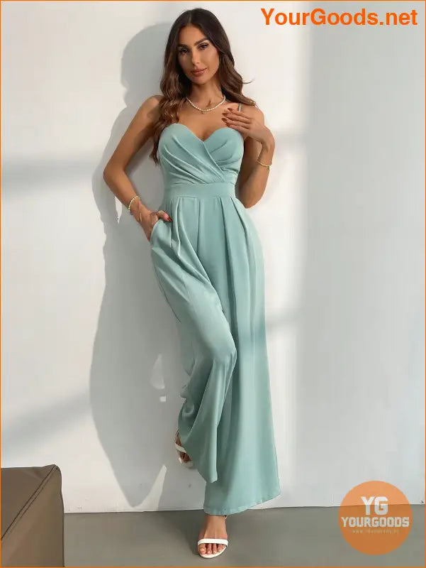 YOURGOODS Women Mint Green V-Neck Sexy Elegant Jumpsuit With Spaghetti Straps - YourGoods Online Shop