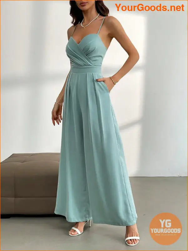 YOURGOODS Women Mint Green V-Neck Sexy Elegant Jumpsuit With Spaghetti Straps - YourGoods Online Shop