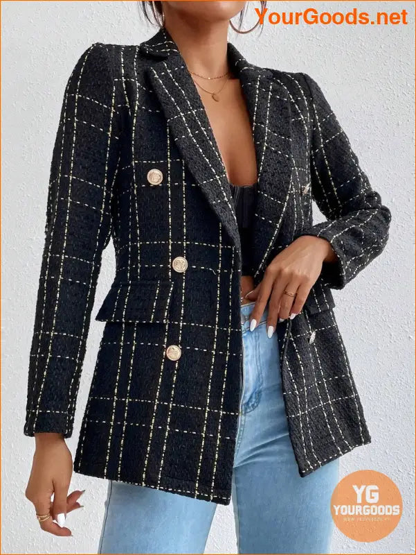 YOURGOODS Women Spring And Autumn Plaid Blazer With Turn-Down Collar, Long Sleeves, Elegant Style - YourGoods Online Shop