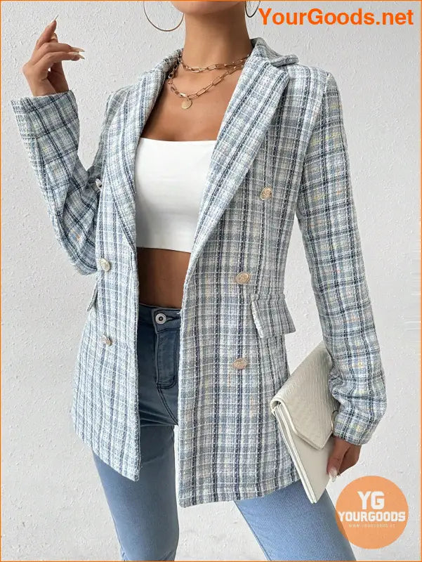 YOURGOODS Women Spring And Autumn Plaid Blazer With Turn-Down Collar, Long Sleeves, Elegant Style - YourGoods Online Shop