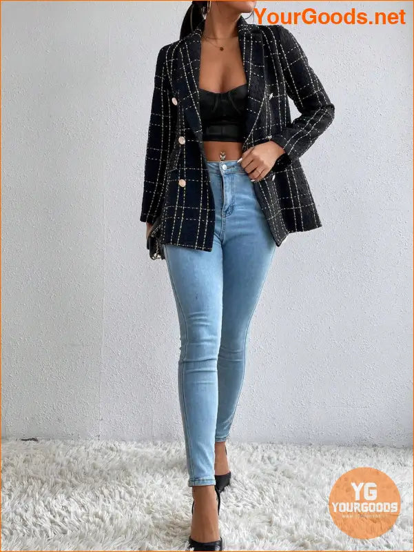 YOURGOODS Women Spring And Autumn Plaid Blazer With Turn-Down Collar, Long Sleeves, Elegant Style - YourGoods Online Shop