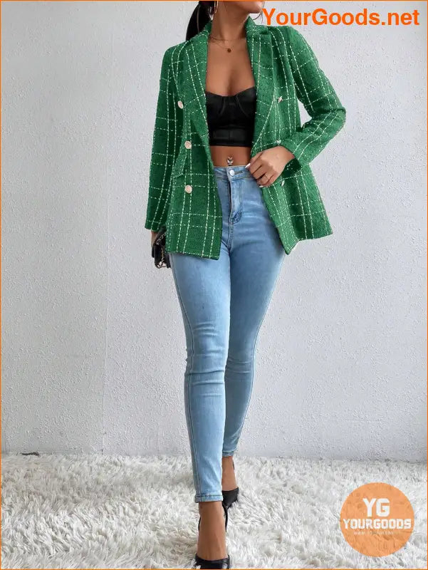 YOURGOODS Women Spring And Autumn Plaid Blazer With Turn-Down Collar, Long Sleeves, Elegant Style - YourGoods Online Shop