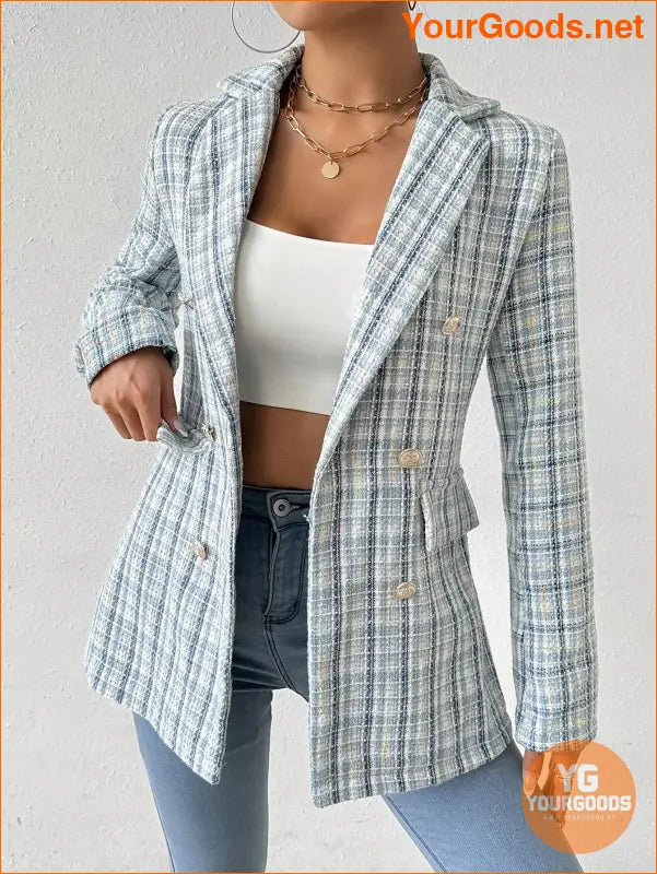 YOURGOODS Women Spring And Autumn Plaid Blazer With Turn-Down Collar, Long Sleeves, Elegant Style - YourGoods Online Shop