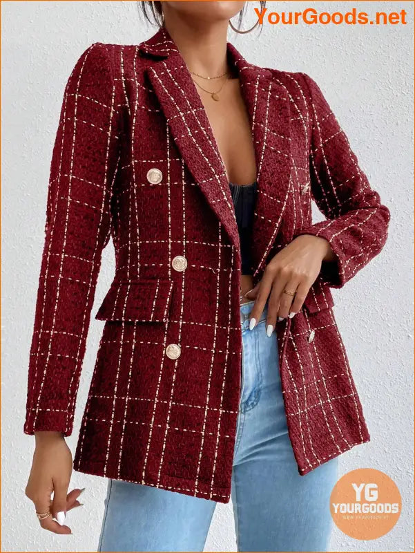 YOURGOODS Women Spring And Autumn Plaid Blazer With Turn-Down Collar, Long Sleeves, Elegant Style - YourGoods Online Shop