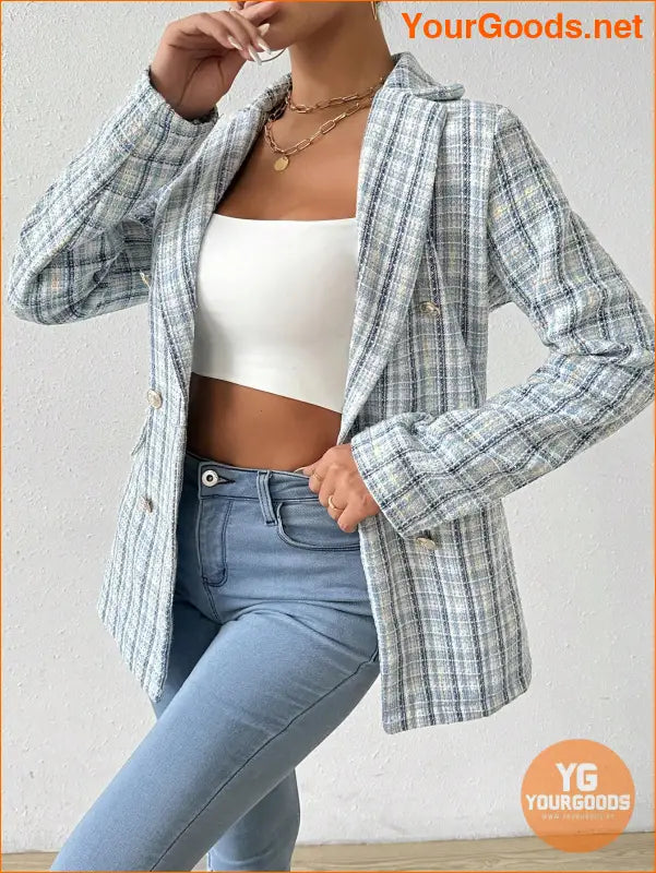 YOURGOODS Women Spring And Autumn Plaid Blazer With Turn-Down Collar, Long Sleeves, Elegant Style - YourGoods Online Shop