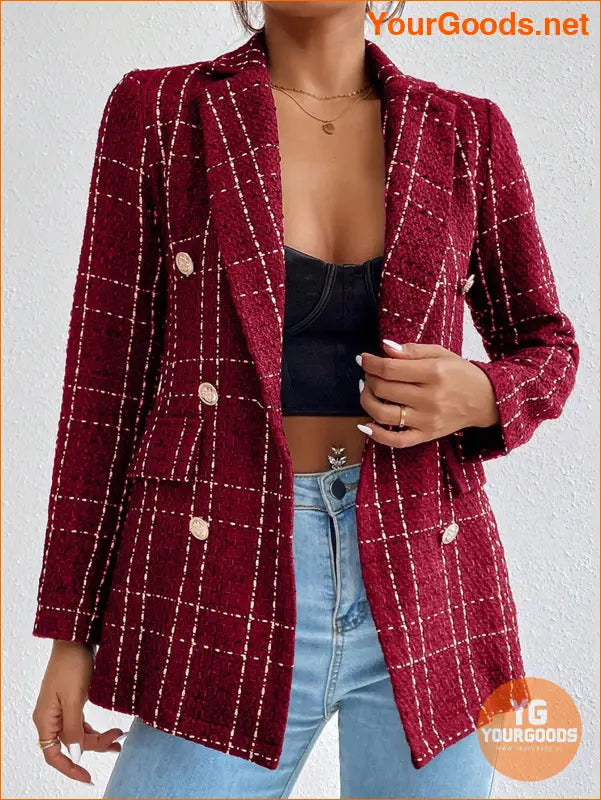 YOURGOODS Women Spring And Autumn Plaid Blazer With Turn-Down Collar, Long Sleeves, Elegant Style - YourGoods Online Shop