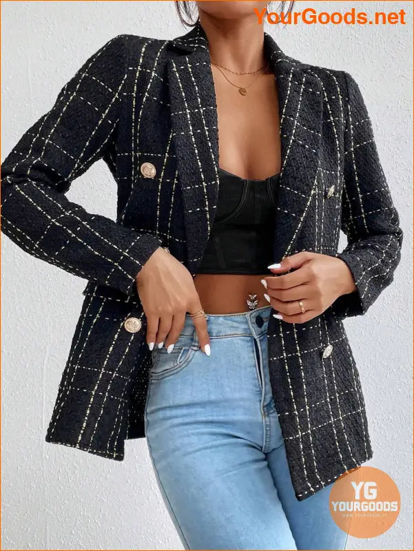 YOURGOODS Women Spring And Autumn Plaid Blazer With Turn-Down Collar, Long Sleeves, Elegant Style - YourGoods Online Shop