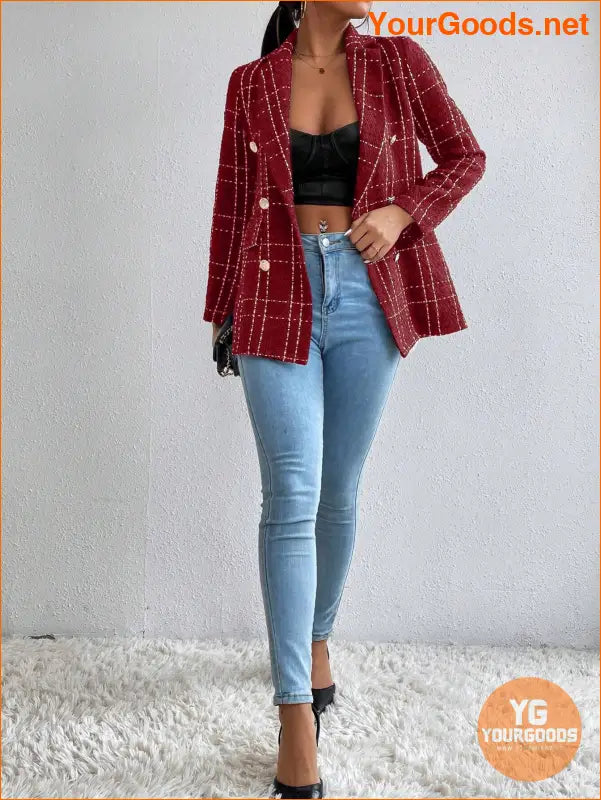 YOURGOODS Women Spring And Autumn Plaid Blazer With Turn-Down Collar, Long Sleeves, Elegant Style - YourGoods Online Shop