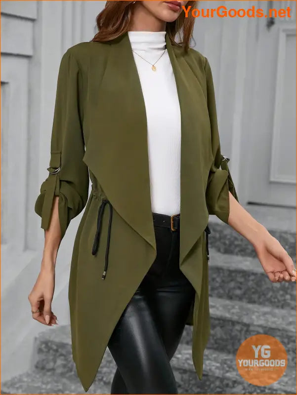 YOURGOODS Women's Elegant Stand Collar Drawstring Casual Military Green Coat, Fall Clothes - YourGoods Online Shop