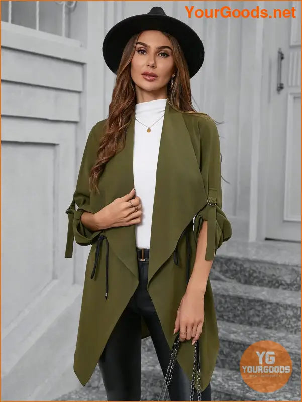 YOURGOODS Women's Elegant Stand Collar Drawstring Casual Military Green Coat, Fall Clothes - YourGoods Online Shop