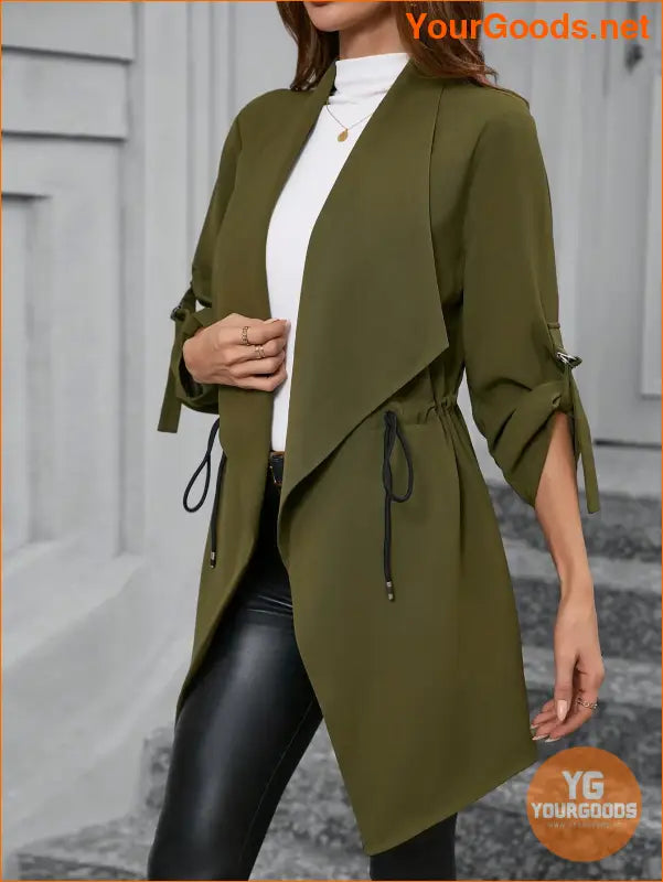 YOURGOODS Women's Elegant Stand Collar Drawstring Casual Military Green Coat, Fall Clothes - YourGoods Online Shop