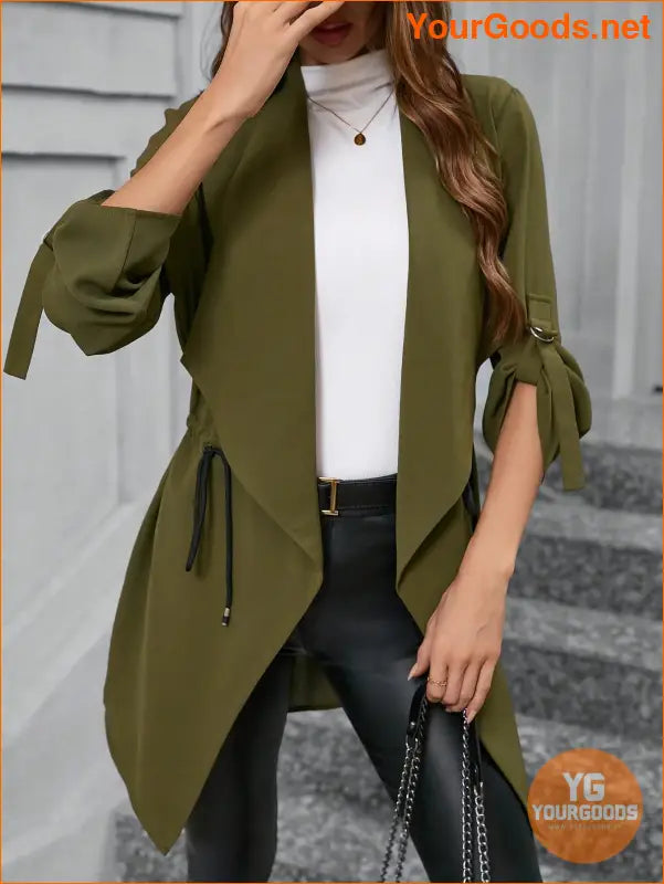 YOURGOODS Women's Elegant Stand Collar Drawstring Casual Military Green Coat, Fall Clothes - YourGoods Online Shop