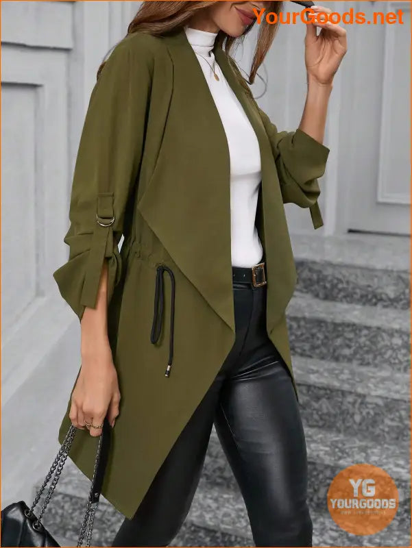 YOURGOODS Women's Elegant Stand Collar Drawstring Casual Military Green Coat, Fall Clothes - YourGoods Online Shop