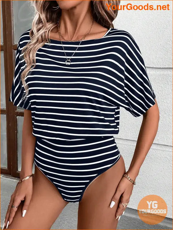 YOURGOODS Women's Fashionable Black & White Stripe Short Sleeve Bodysuit - YourGoods Online Shop