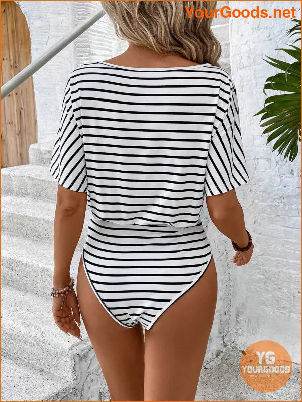 YOURGOODS Women's Fashionable Black & White Stripe Short Sleeve Bodysuit - YourGoods Online Shop