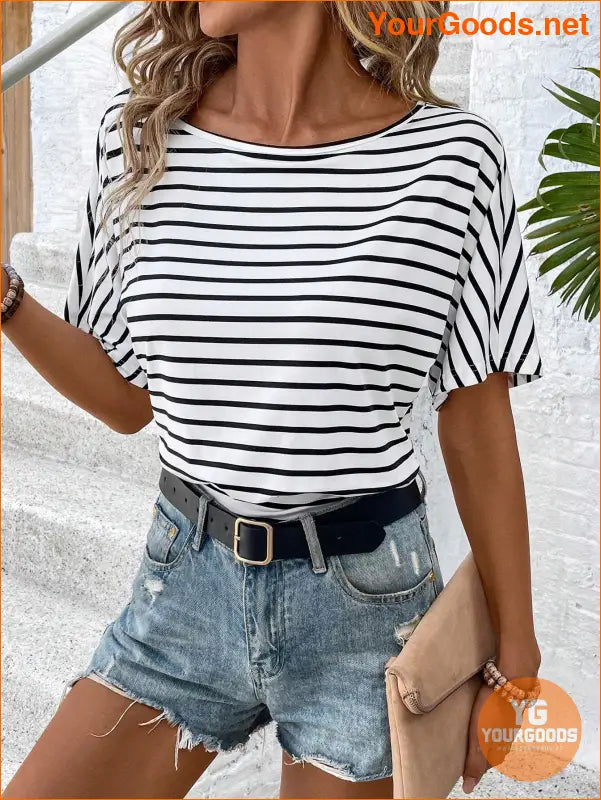 YOURGOODS Women's Fashionable Black & White Stripe Short Sleeve Bodysuit - YourGoods Online Shop