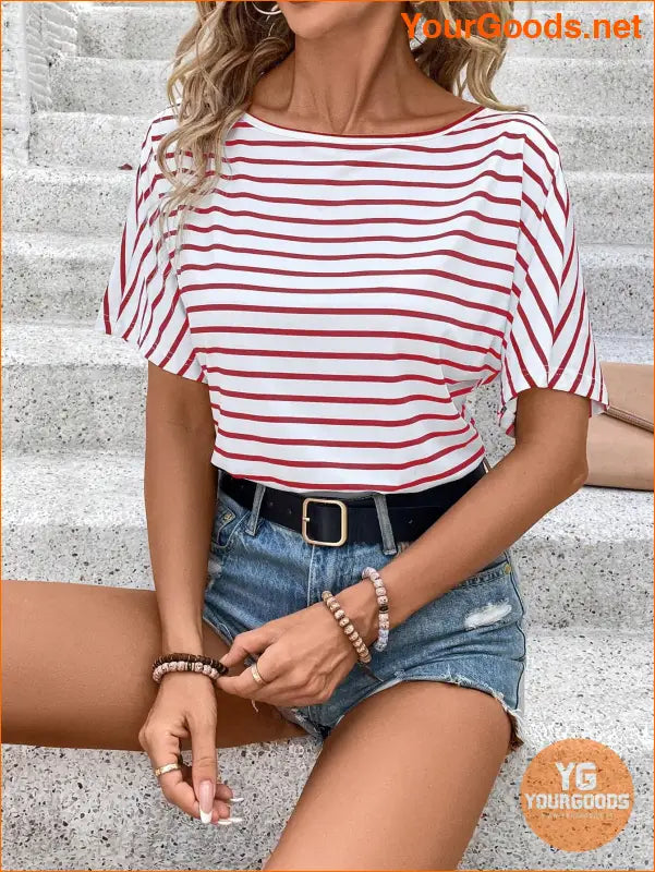 YOURGOODS Women's Fashionable Black & White Stripe Short Sleeve Bodysuit - YourGoods Online Shop