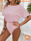 YOURGOODS Women's Fashionable Black & White Stripe Short Sleeve Bodysuit - YourGoods Online Shop