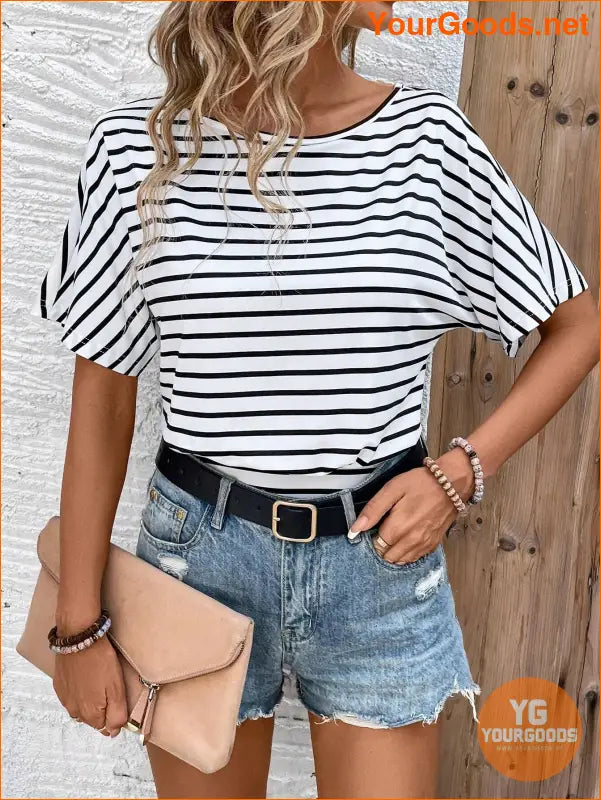 YOURGOODS Women's Fashionable Black & White Stripe Short Sleeve Bodysuit - YourGoods Online Shop