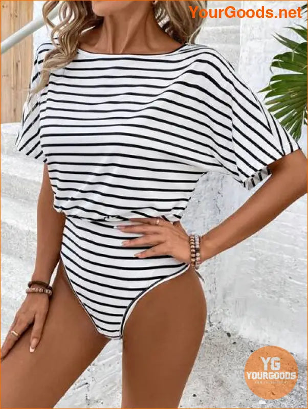 YOURGOODS Women's Fashionable Black & White Stripe Short Sleeve Bodysuit - YourGoods Online Shop