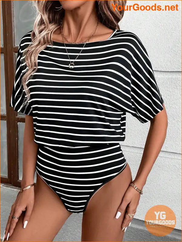 YOURGOODS Women's Fashionable Black & White Stripe Short Sleeve Bodysuit - YourGoods Online Shop