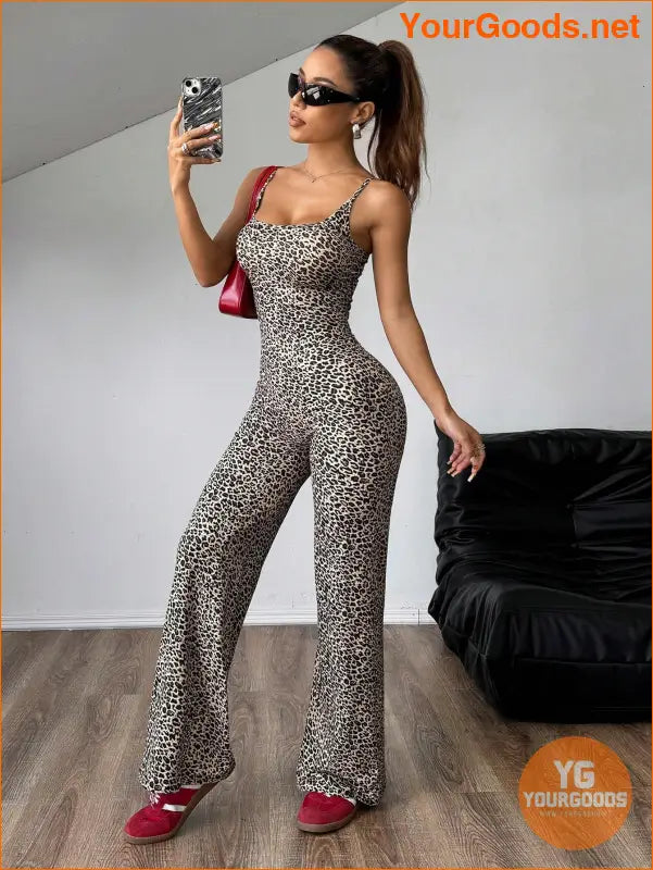 YOURGOODS Women's Fashionable Leopard Print Flare Jumpsuit - YourGoods Online Shop