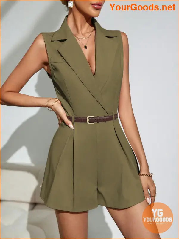 YOURGOODS Women's Khaki Pleated Short Wide Leg Jumpsuit,Belt Not Included - YourGoods Online Shop