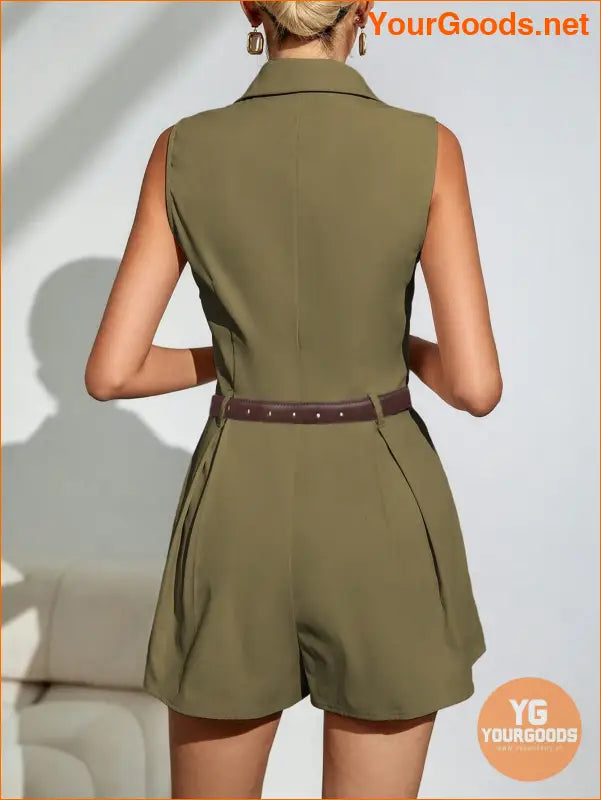 YOURGOODS Women's Khaki Pleated Short Wide Leg Jumpsuit,Belt Not Included - YourGoods Online Shop