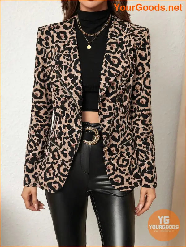 YOURGOODS Women's Leopard Print Long Sleeve Metallic Zipper Asymmetrical Regular Jacket - YourGoods Online Shop