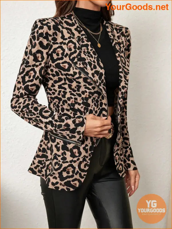 YOURGOODS Women's Leopard Print Long Sleeve Metallic Zipper Asymmetrical Regular Jacket - YourGoods Online Shop