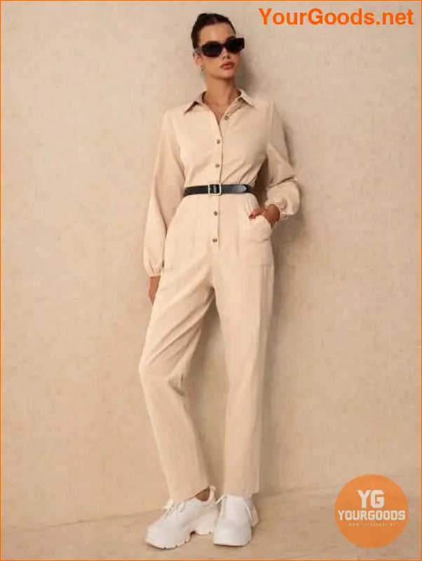 YOURGOODS Women's Solid Button Down Jumpsuit With Pockets And Tapered Legs - YourGoods Online Shop