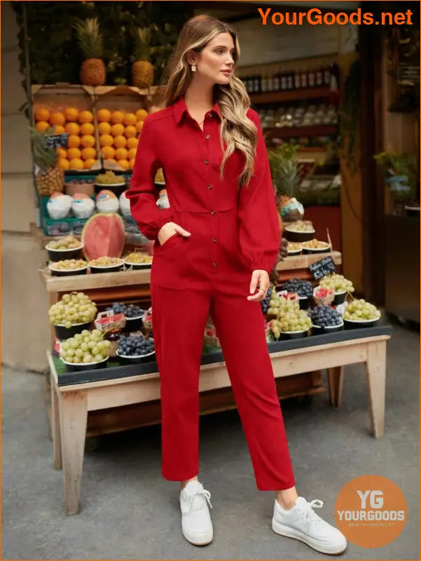 YOURGOODS Women's Solid Button Down Jumpsuit With Pockets And Tapered Legs - YourGoods Online Shop