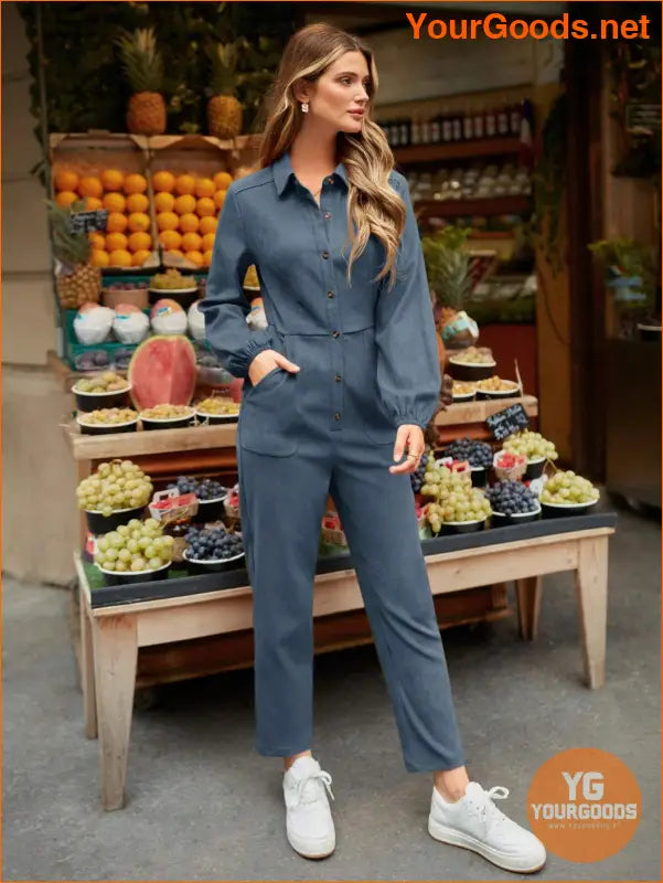 YOURGOODS Women's Solid Button Down Jumpsuit With Pockets And Tapered Legs - YourGoods Online Shop