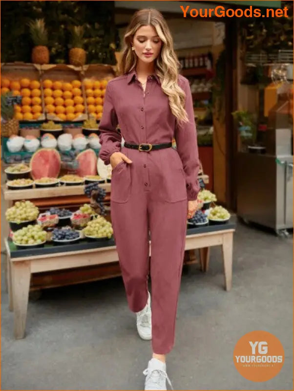 YOURGOODS Women's Solid Button Down Jumpsuit With Pockets And Tapered Legs - YourGoods Online Shop